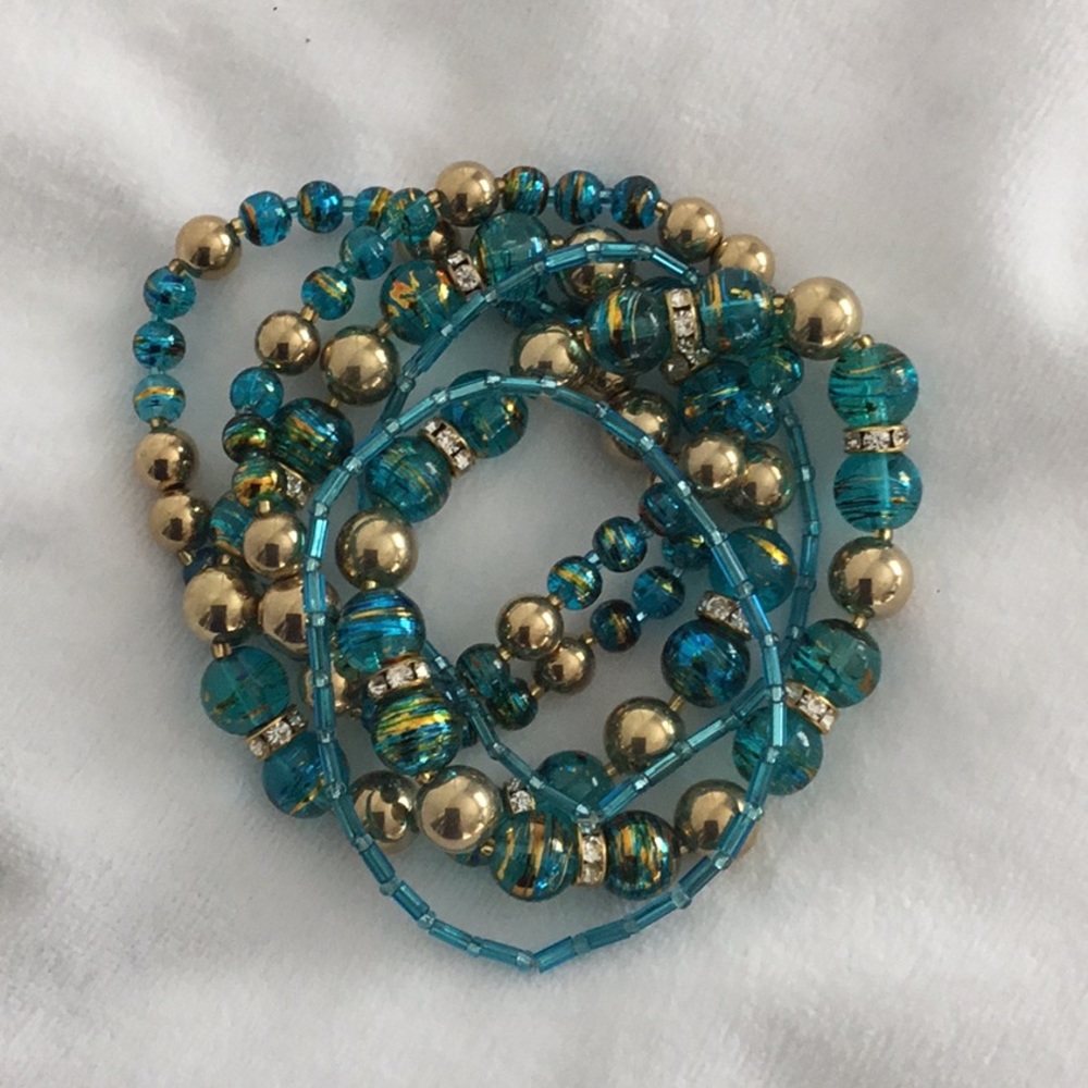 Teal and gold beaded bracelets